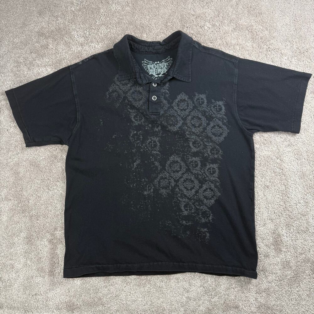 Point Zero Size L Black Ornate Print Polo Shirt Y2K Cotton Biker Grunge Emo